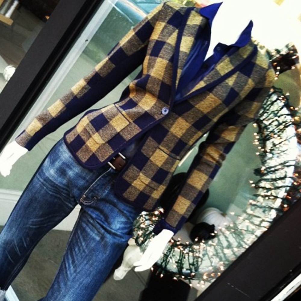 Margaret O'Leary Plaid Knit Blazer in Navy/Gold, Size XS